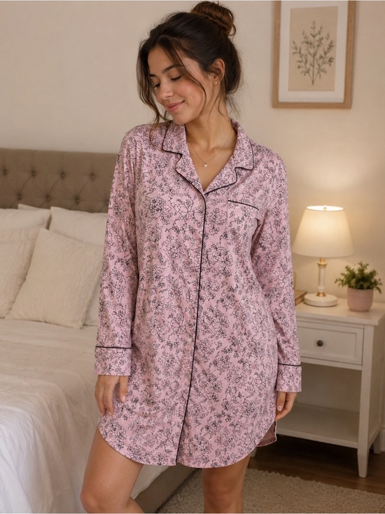 Thalia Sodi Other - Thalia Sodi Pink Floral Button-Front Sleep Shirt with Contrast Piping